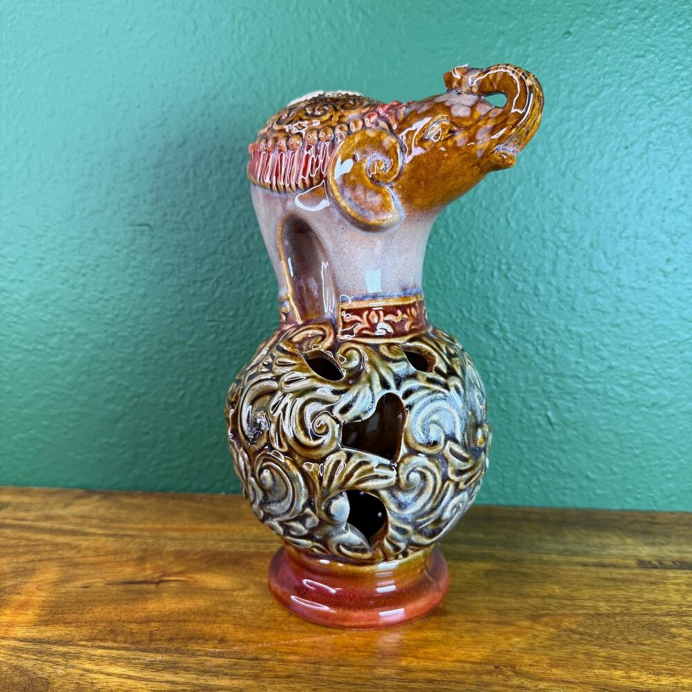 Vintage Elephant Figurine Satsuma Style Japanese Pottery Mini Statue.